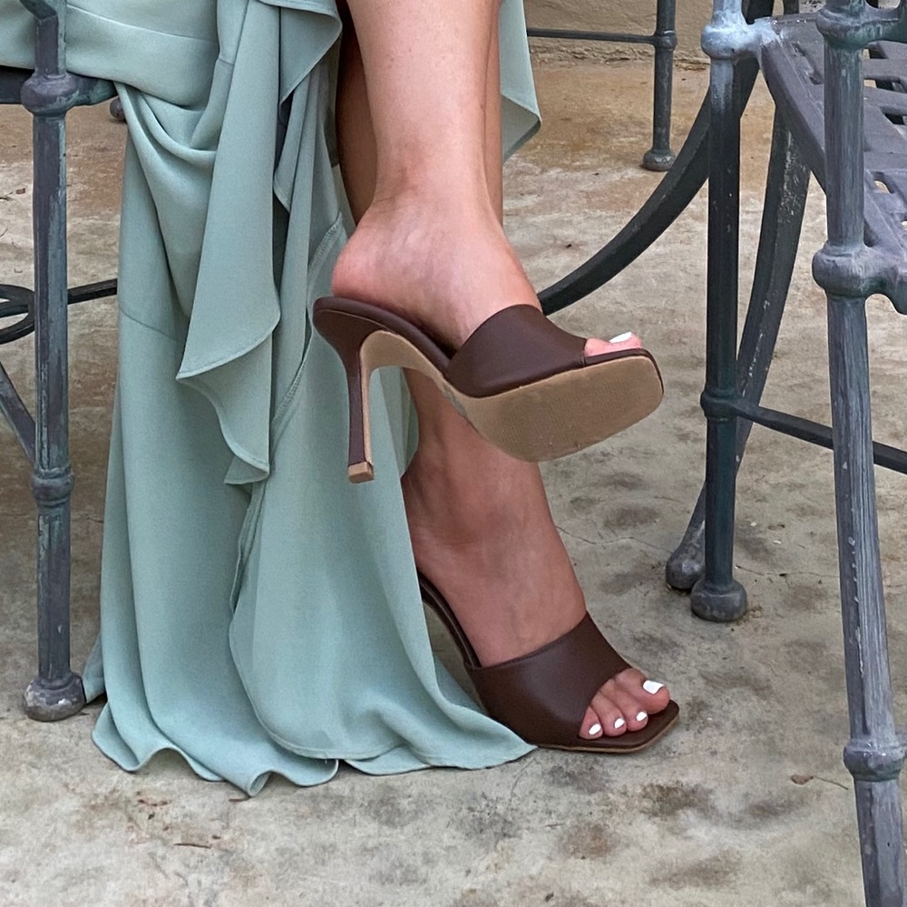 Brown Square Toe Faux Leather Stiletto Heels